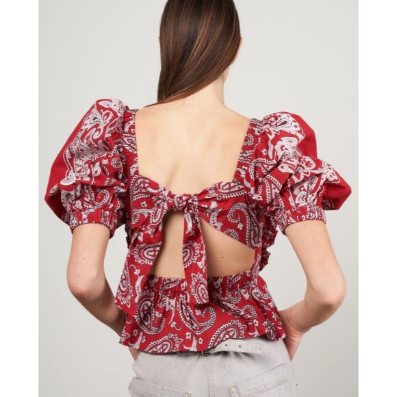 SEA New York Red Paisley Bandana Embroidered Open Back Theodora Top Size L - Picture 3 of 10